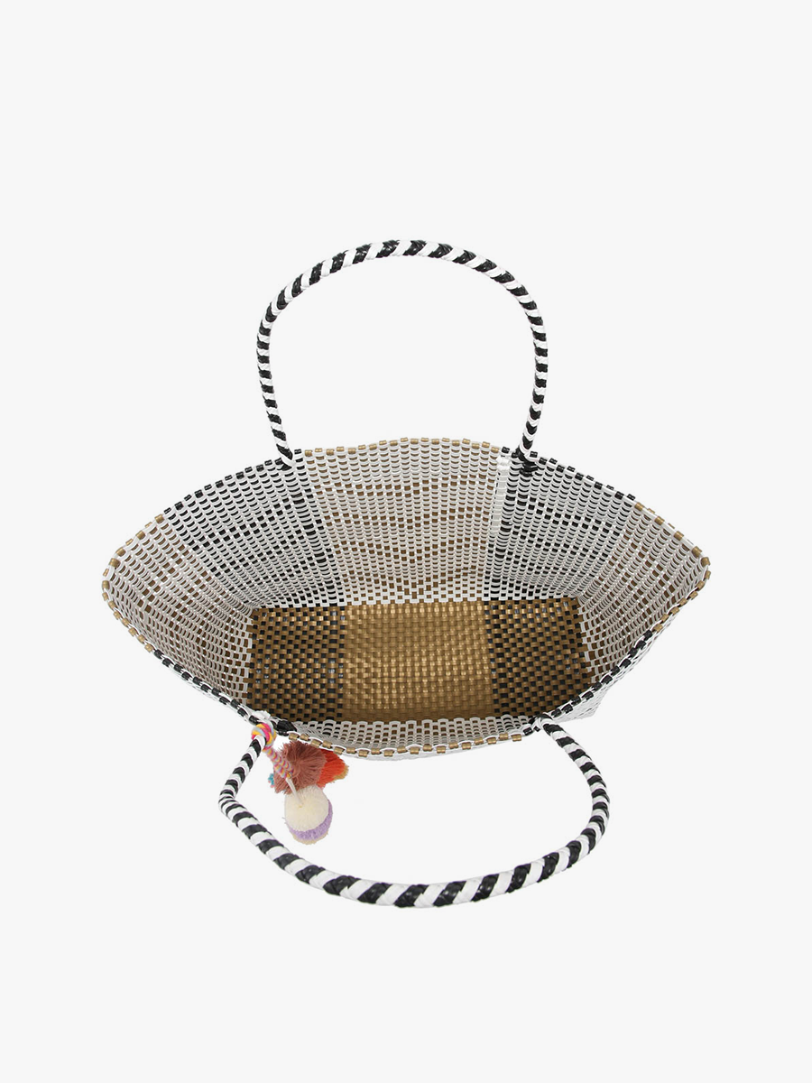 Shelby Large Handwoven Tote with Pom-Poms - Plaid Pink/White { product_type }}