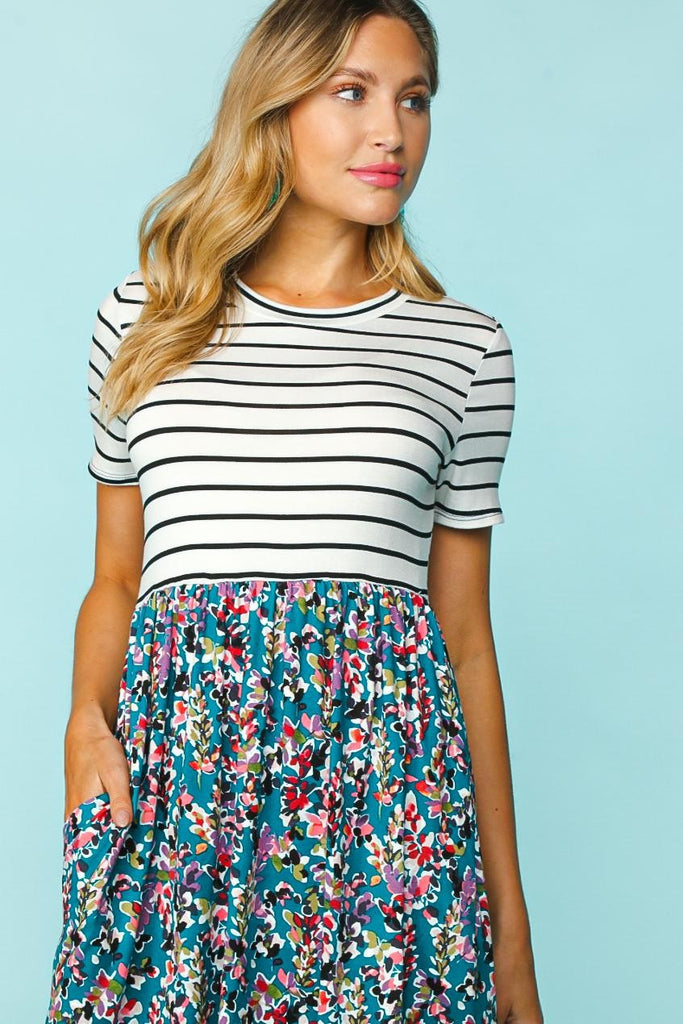 Striped Floral Pattern Dress-Shirts & Tops-Haptics by Holly Harper-Three Birdies Boutique, Women's Fashion Boutique Located in Kearney, MO