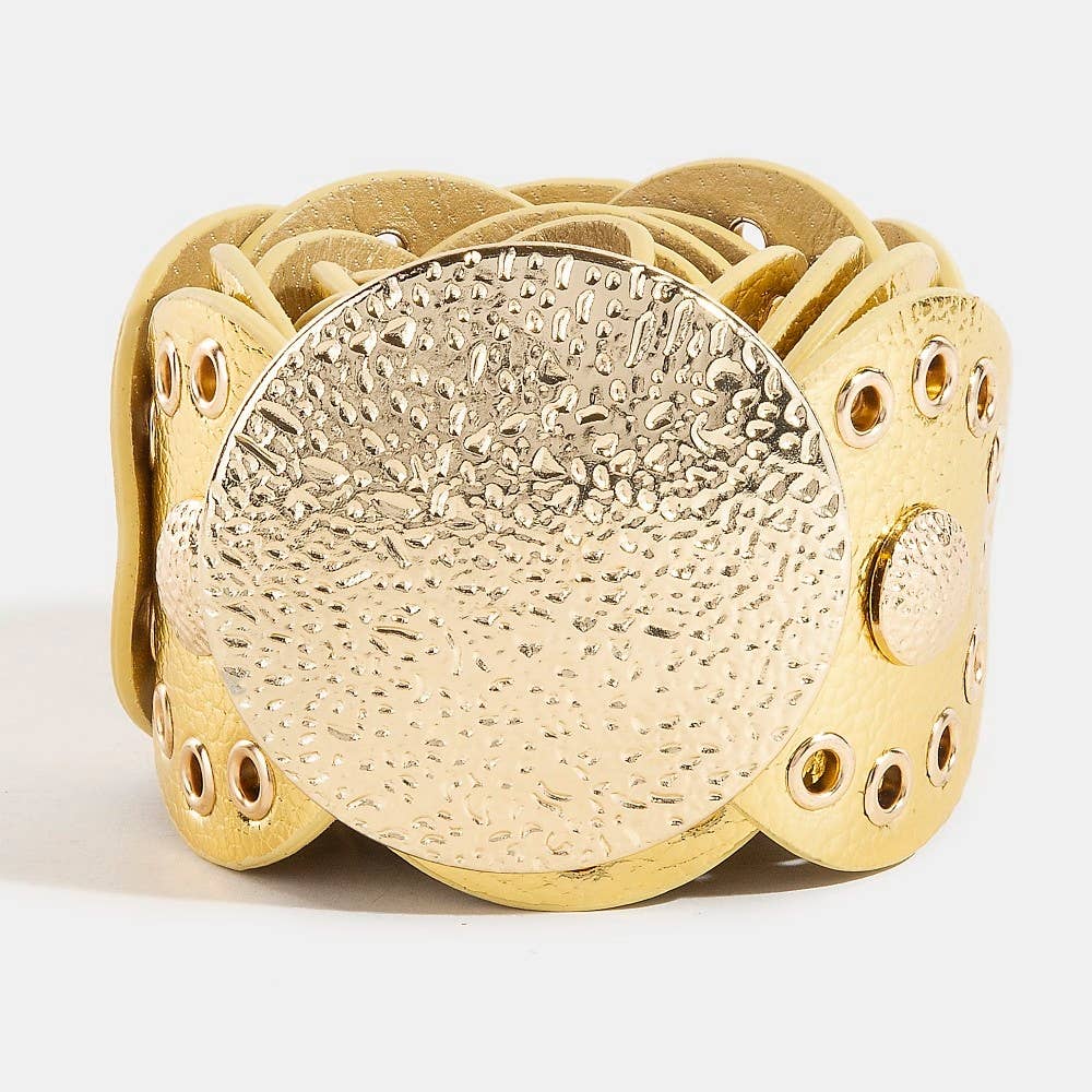 Hammered Disc Accent Faux Leather Panel Link Belt: BR { product_type }}
