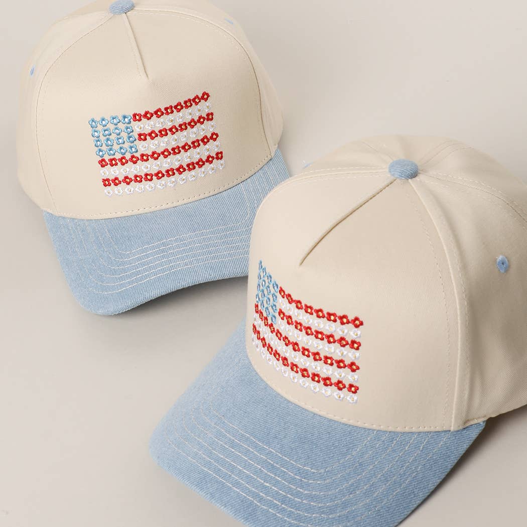 Floral American Flag Embroidered Two-Tone Denim Trucker Hat: LT DENIM / ONE SIZE { product_type }}