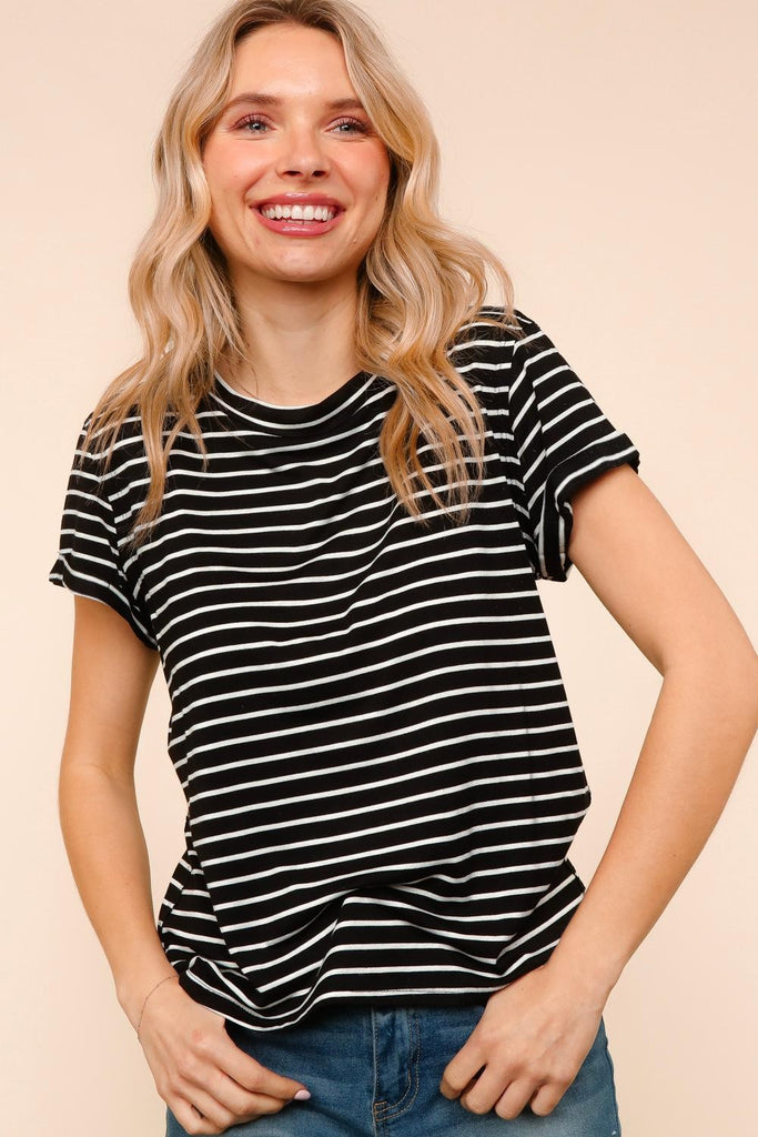 Black & White Striped Rolled Sleeve Top-Blouses-HEIMISH-Three Birdies Boutique, Women's Fashion Boutique Located in Kearney, MO
