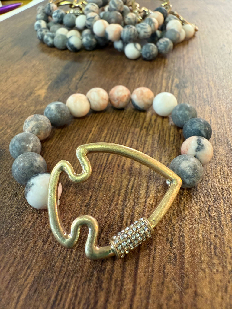 NEW! Bling Arrowhead Chunky Stone Stretch Bracelet: Pink Zebra Jasper-Paco Designs-Three Birdies Boutique, Women's Fashion Boutique Located in Kearney, MO