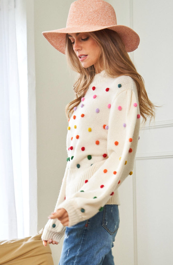 Rainbow Pom Pom Sweater-Sweater-Davi&Dani-Three Birdies Boutique, Women's Fashion Boutique Located in Kearney, MO