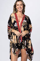 Black Hibiscus Contrast Trim Kimono { product_type }}