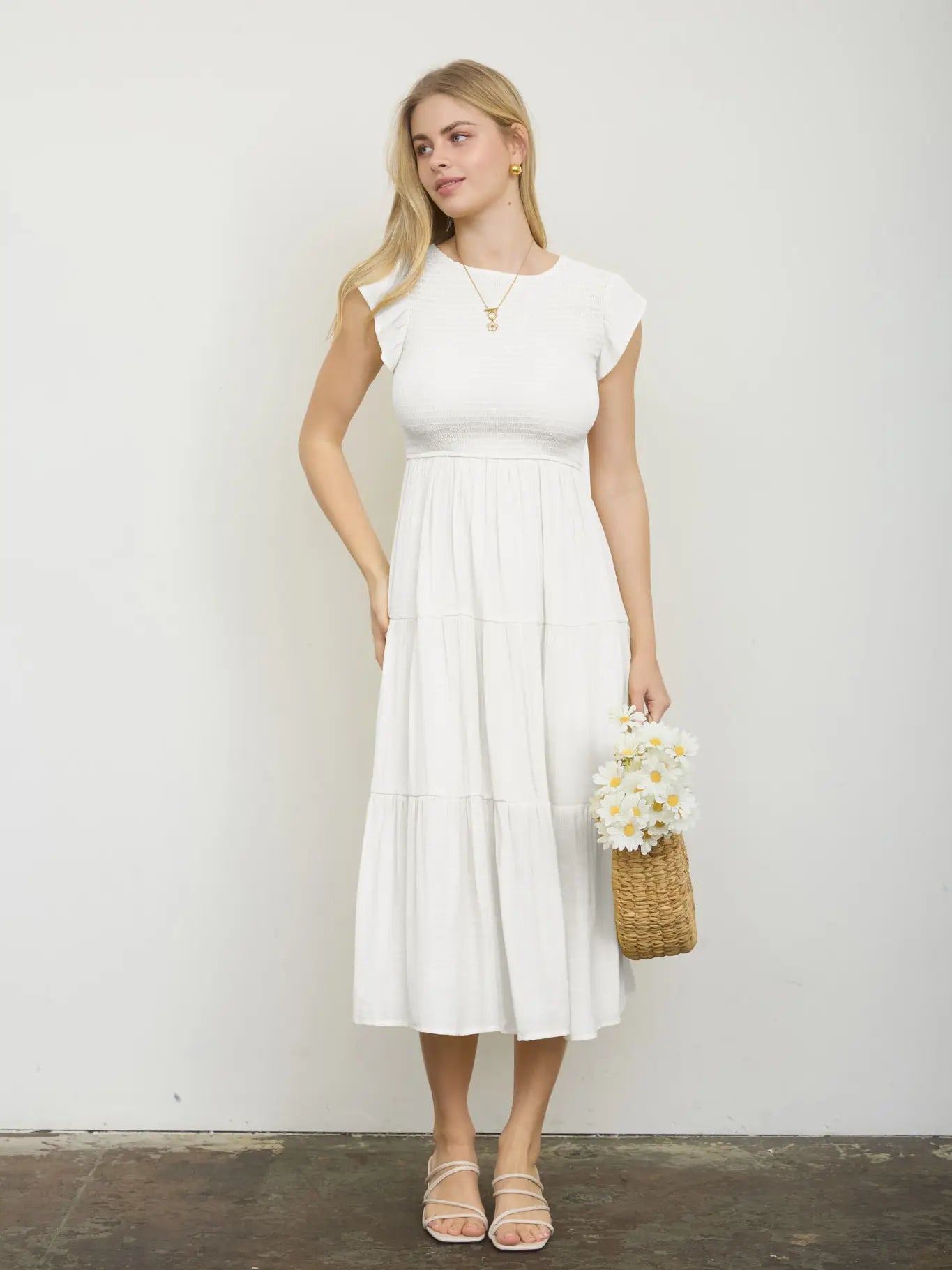 Tiered Smocked Short Sleeve Midi Dress { product_type }}