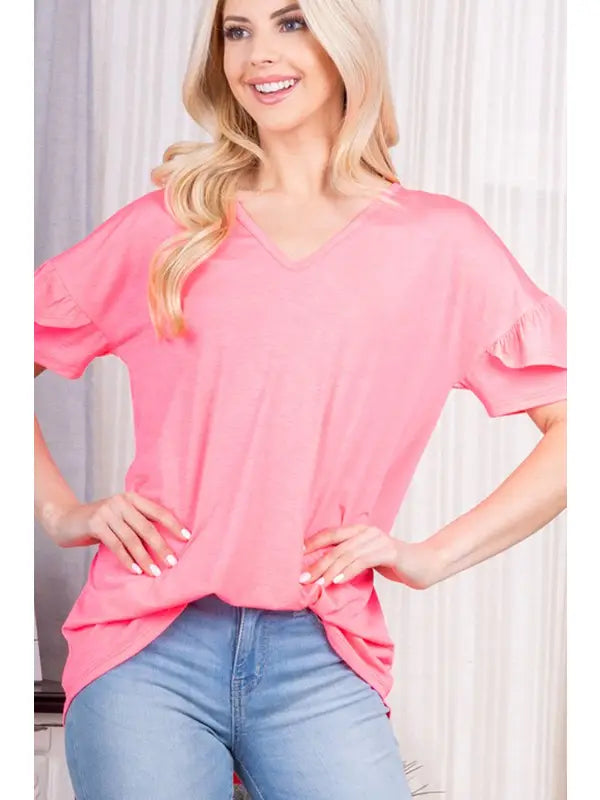 Ruffled Neon Pink Blouse-Tank Top-Heimish-Three Birdies Boutique, Women's Fashion Boutique Located in Kearney, MO