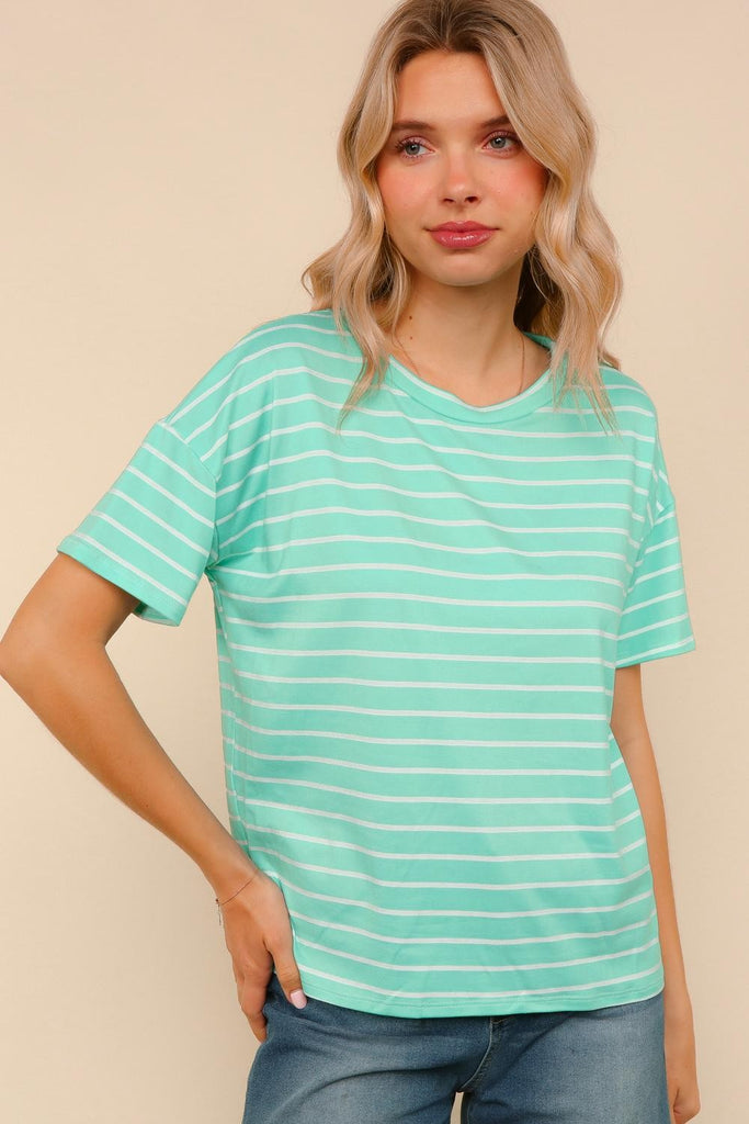 Short Sleeve Stripe Knit Top-Shirts & Tops-Haptics-Three Birdies Boutique, Women's Fashion Boutique Located in Kearney, MO
