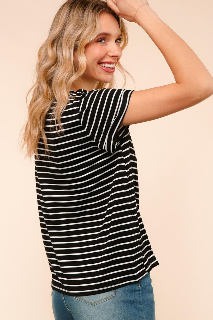 Black & White Striped Rolled Sleeve Top-Blouses-HEIMISH-Three Birdies Boutique, Women's Fashion Boutique Located in Kearney, MO
