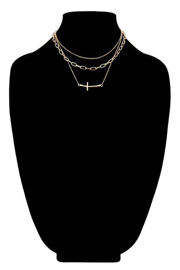 Gold Triple Layer Chain Necklace with Cross-Urbanista-Three Birdies Boutique, Women's Fashion Boutique Located in Kearney, MO