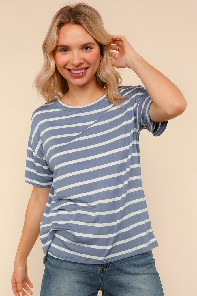 Short Sleeve Stripe Knit Top-Shirts & Tops-Haptics-Three Birdies Boutique, Women's Fashion Boutique Located in Kearney, MO