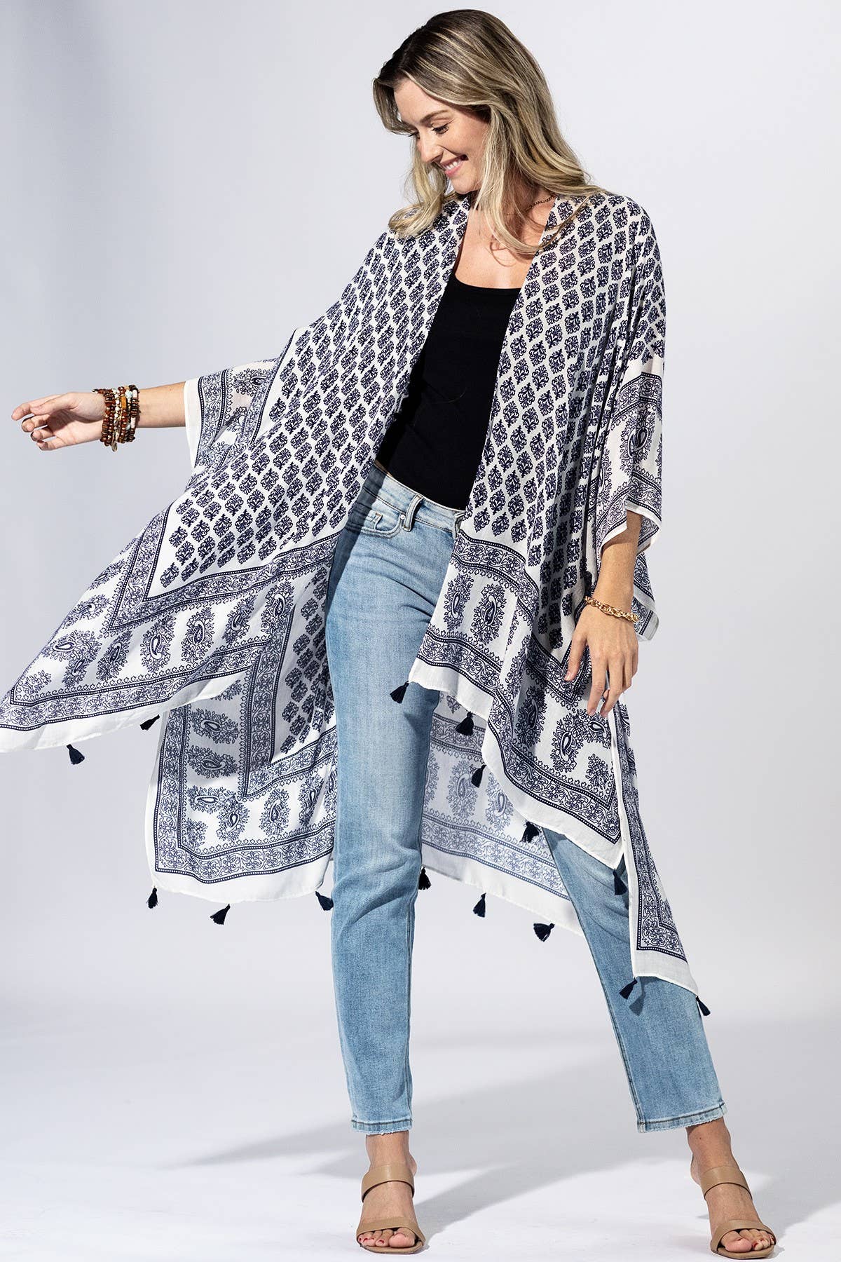 Indigo Mosaic Border Kimono { product_type }}