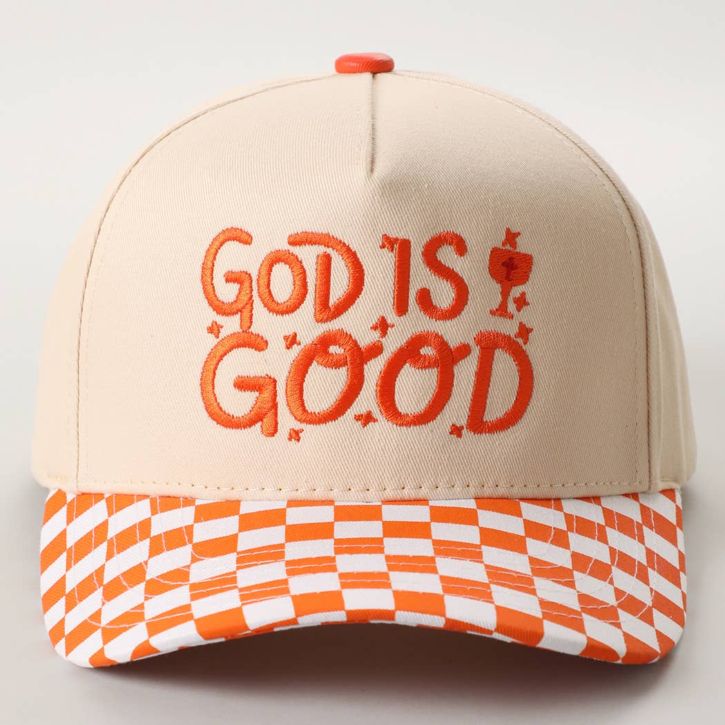 GOD IS GOOD Embroidered Checkered Brim Trucker Hat: RED / ONE SIZE { product_type }}