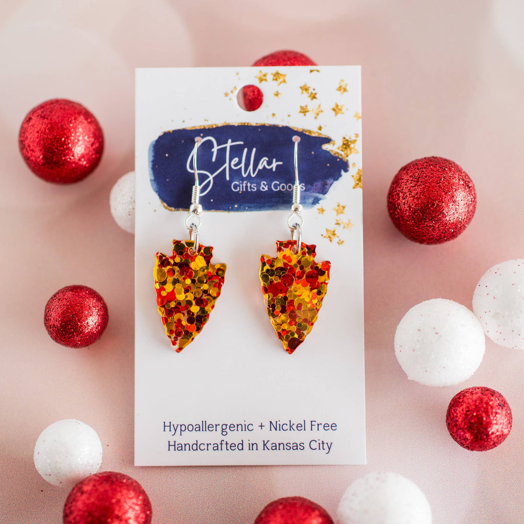 Petite Red & Gold Confetti Arrowhead Dangles KC Chiefs-Jewelry-Stellar Gifts & Goods Wholesale-Three Birdies Boutique, Women's Fashion Boutique Located in Kearney, MO
