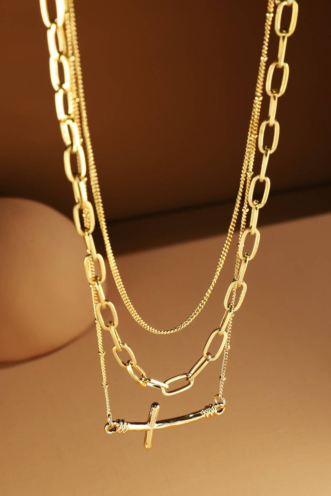 Gold Triple Layer Chain Necklace with Cross-Urbanista-Three Birdies Boutique, Women's Fashion Boutique Located in Kearney, MO