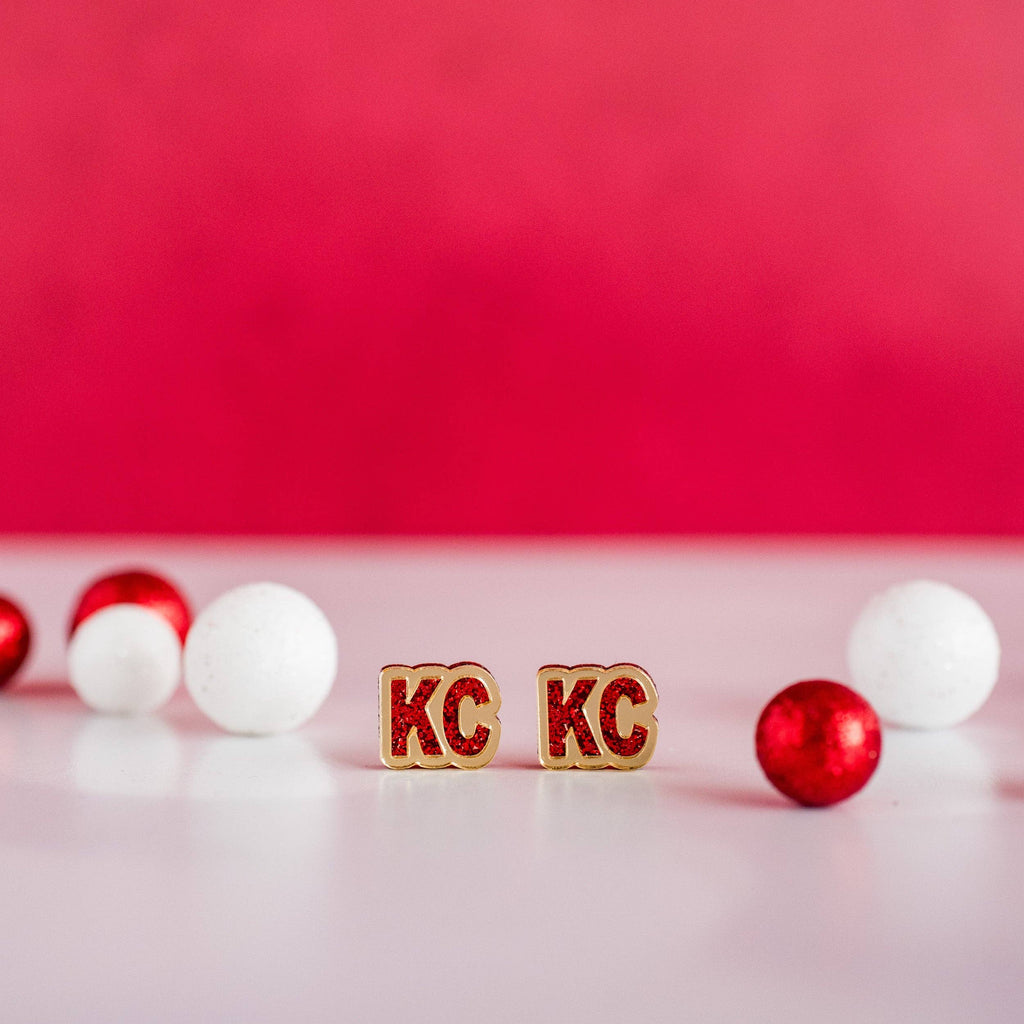 Red Glitter & Gold Mirror KC Studs Kansas City Football-Earrings-Stellar Gifts & Goods Wholesale-Three Birdies Boutique, Women's Fashion Boutique Located in Kearney, MO