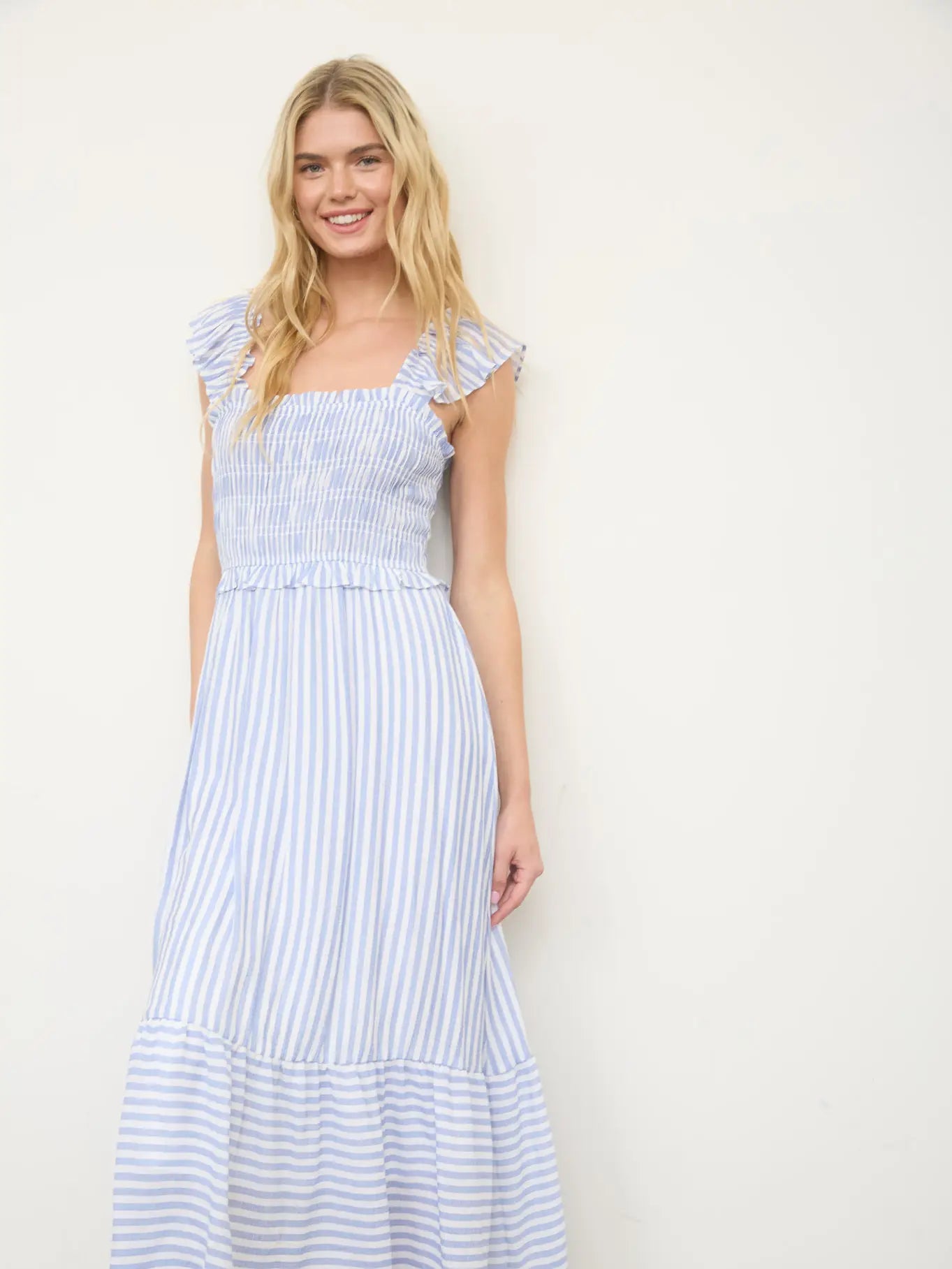 Stripe Smocked Ruffle Trim Midi Dress-Dress-Blu Pepper-Three Birdies Boutique, Women's Fashion Boutique Located in Kearney, MO