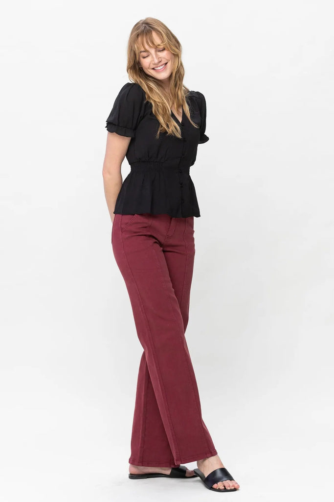 Judy Blue - Burgundy Garment Dyed Front Seam Straight-Denim-Judy Blue-Three Birdies Boutique, Women's Fashion Boutique Located in Kearney, MO