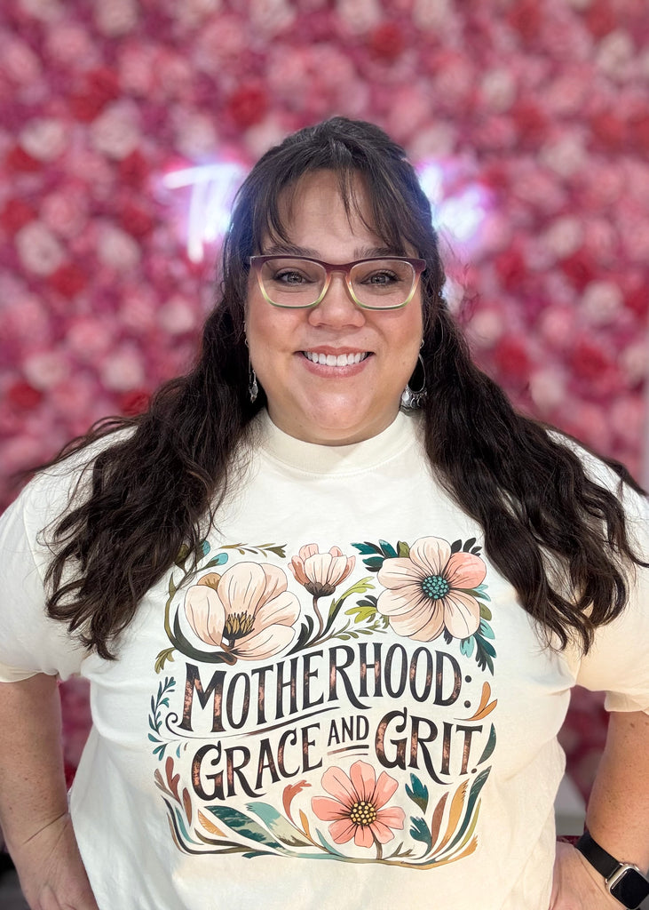 Motherhood Grace and Grit Graphic Tee-Graphic Tees-Tres Birdos Graphic Tees-Three Birdies Boutique, Women's Fashion Boutique Located in Kearney, MO