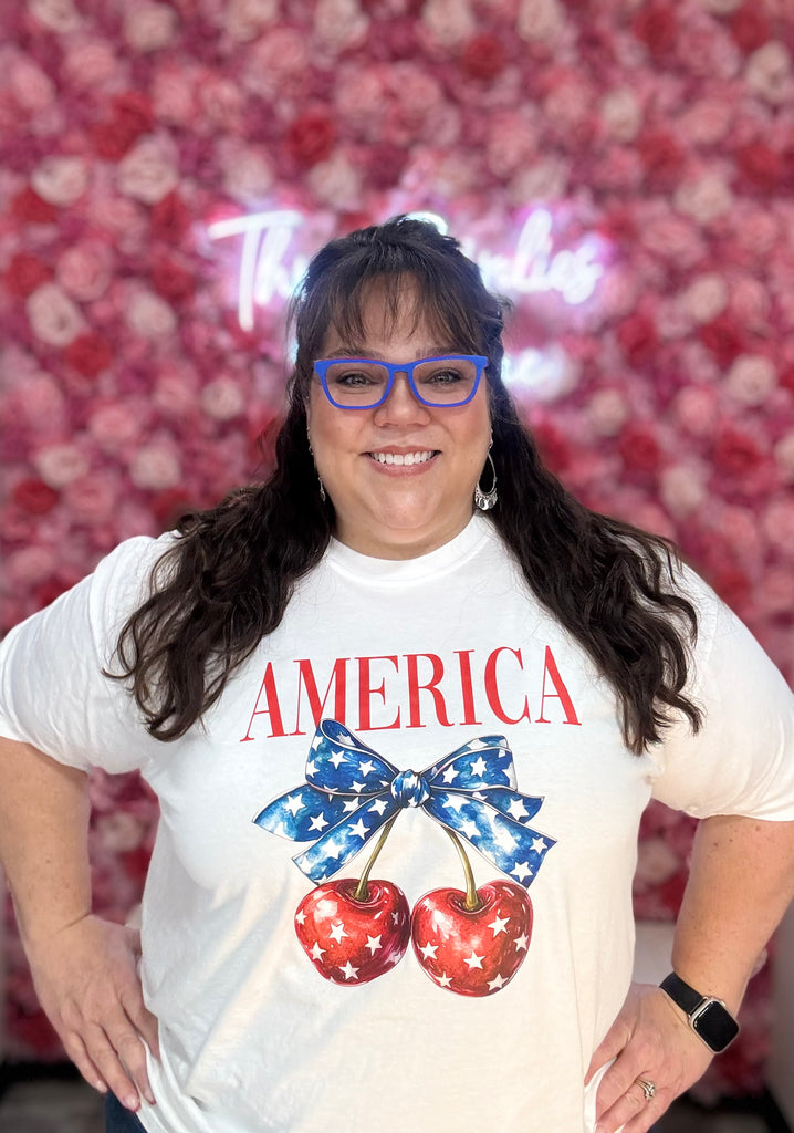 America Cherries Graphic Tee-Graphic Tees-Tres Birdos Graphic Tees-Three Birdies Boutique, Women's Fashion Boutique Located in Kearney, MO