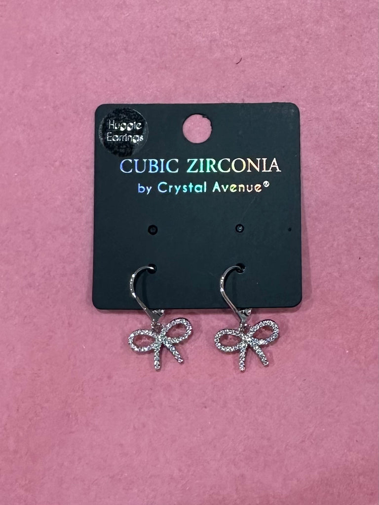 Rhinestone Bow Drop Earrings in Silver -Accessories-What's Hot-Three Birdies Boutique, Women's Fashion Boutique Located in Kearney, MO
