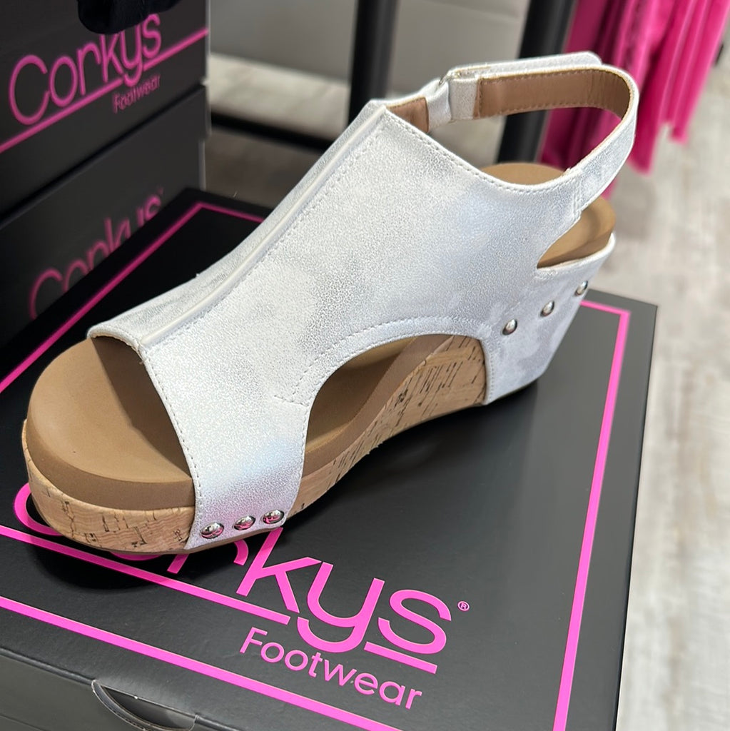 Carley Wedges in White Metallic-Wedges-Corkys-Three Birdies Boutique, Women's Fashion Boutique Located in Kearney, MO