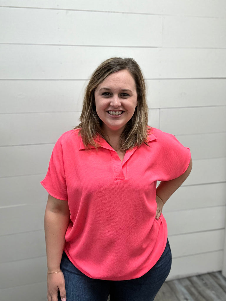 Classy Collar Neon Coral Top-Shirts & Tops-HEIMISH-Three Birdies Boutique, Women's Fashion Boutique Located in Kearney, MO