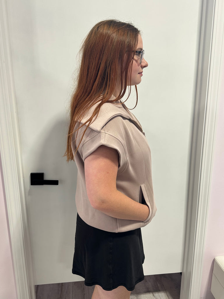 1/4 Zip Funnel Neck Sleeveless Pullover in Light Mocha- Tank Tops-Rae Mode-Three Birdies Boutique, Women's Fashion Boutique Located in Kearney, MO