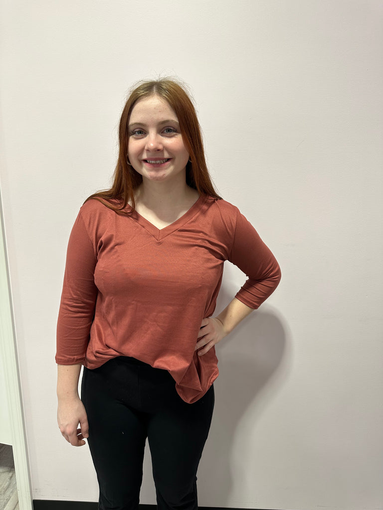 Perfect V Neck 3/4 Sleeve Top-Shirts & Tops-P & ROSE-Three Birdies Boutique, Women's Fashion Boutique Located in Kearney, MO