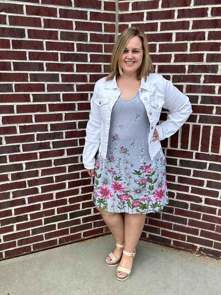Gray Floral Dress with Side Pocket-Dresses-HEIMISH-Three Birdies Boutique, Women's Fashion Boutique Located in Kearney, MO