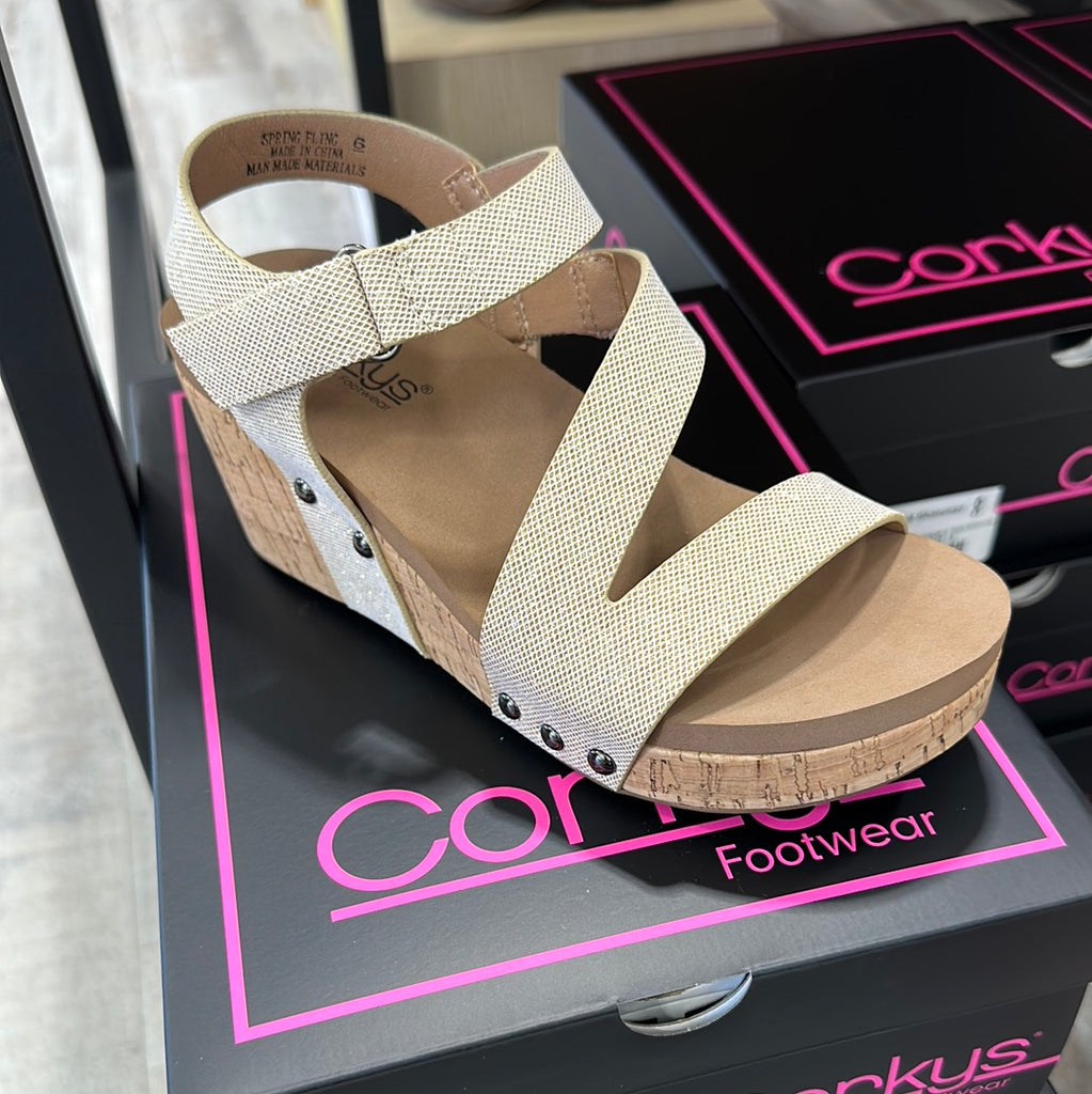 Spring Fling Wedges in Gold Shimmer-Wedges-Corkys-Three Birdies Boutique, Women's Fashion Boutique Located in Kearney, MO