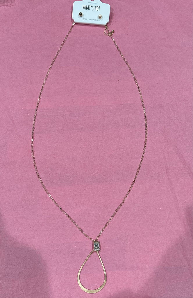 Rhinestone Accented Tear Drop Necklace in Gold -Accessories-What's Hot-Three Birdies Boutique, Women's Fashion Boutique Located in Kearney, MO