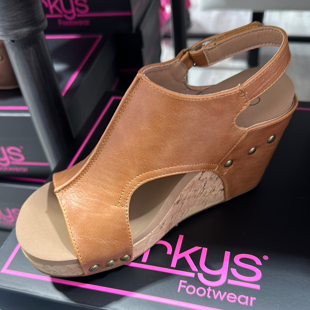 Tiffanee Wedges in Cognac-Wedges-Corkys-Three Birdies Boutique, Women's Fashion Boutique Located in Kearney, MO