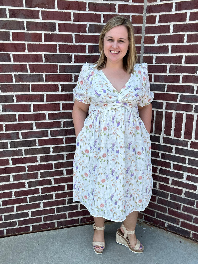 Ivory & Pastel Florals Dress-Dresses-Shopin LA-Three Birdies Boutique, Women's Fashion Boutique Located in Kearney, MO