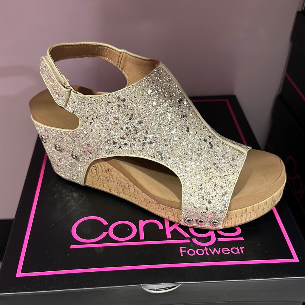 Carley Wedges in Beige New Glitter-Wedges-Corkys-Three Birdies Boutique, Women's Fashion Boutique Located in Kearney, MO