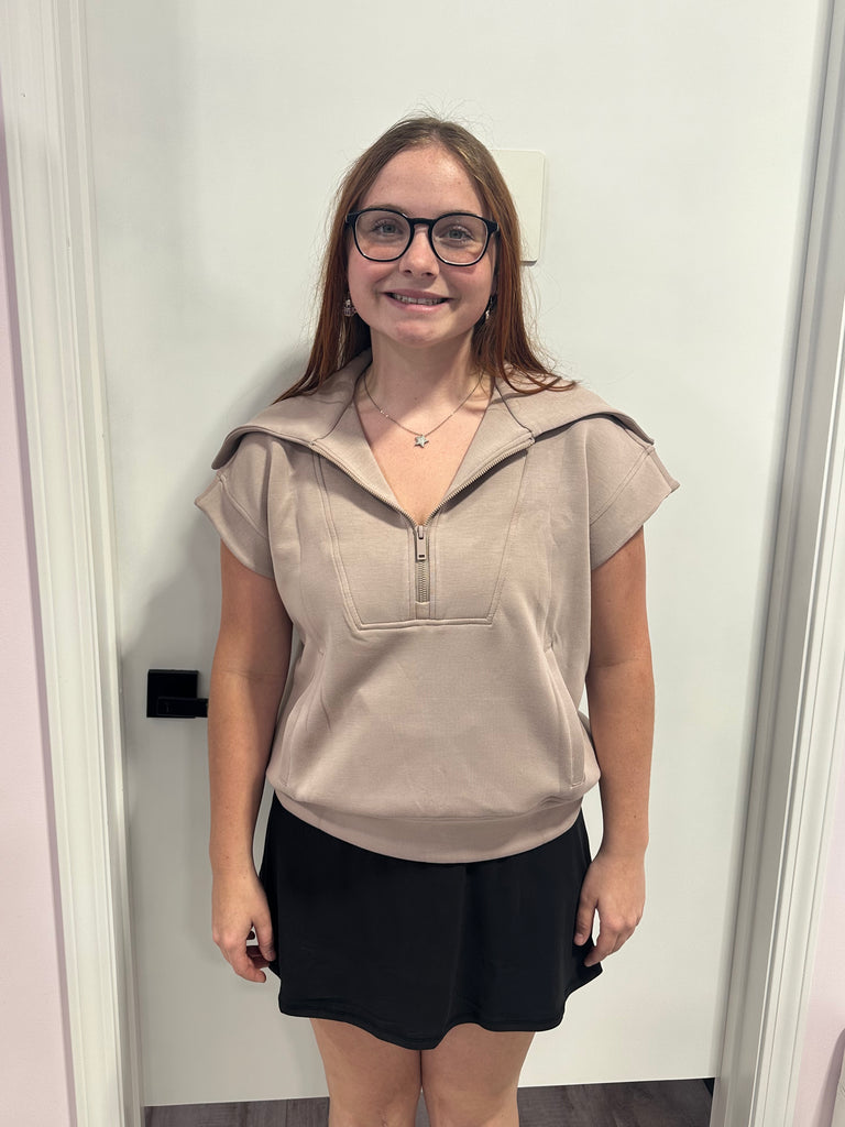 1/4 Zip Funnel Neck Sleeveless Pullover in Light Mocha- Tank Tops-Rae Mode-Three Birdies Boutique, Women's Fashion Boutique Located in Kearney, MO