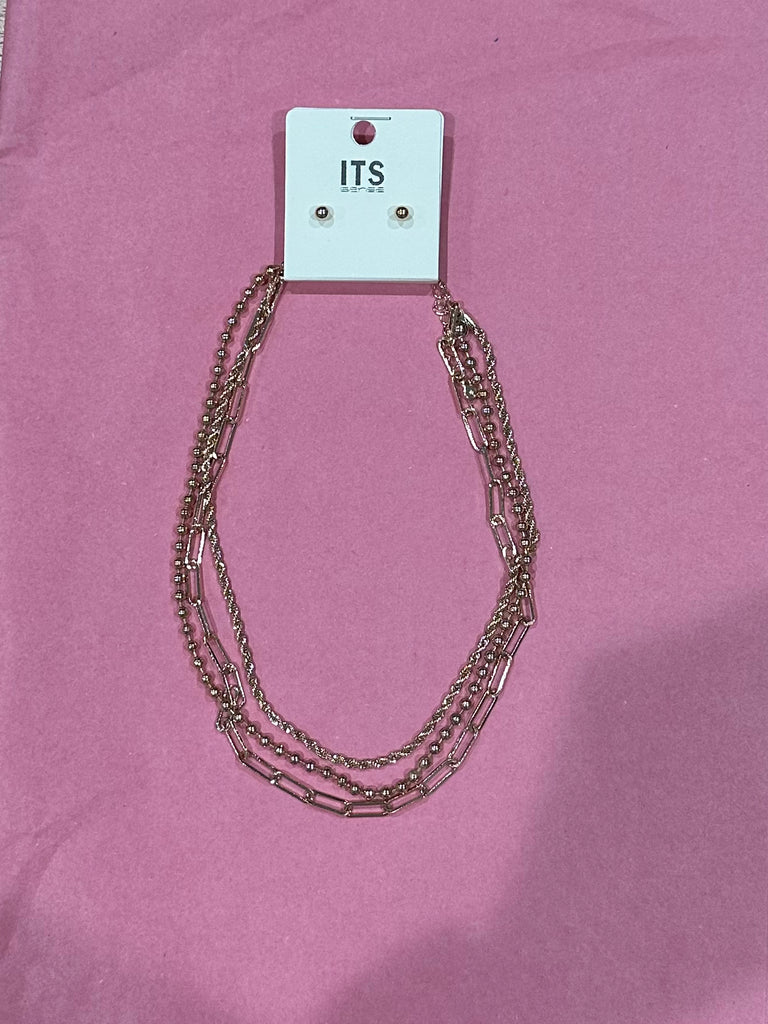 Gold Triple Layered Beaded, Twisted, & Open Link Necklace -Accessories-What's Hot-Three Birdies Boutique, Women's Fashion Boutique Located in Kearney, MO