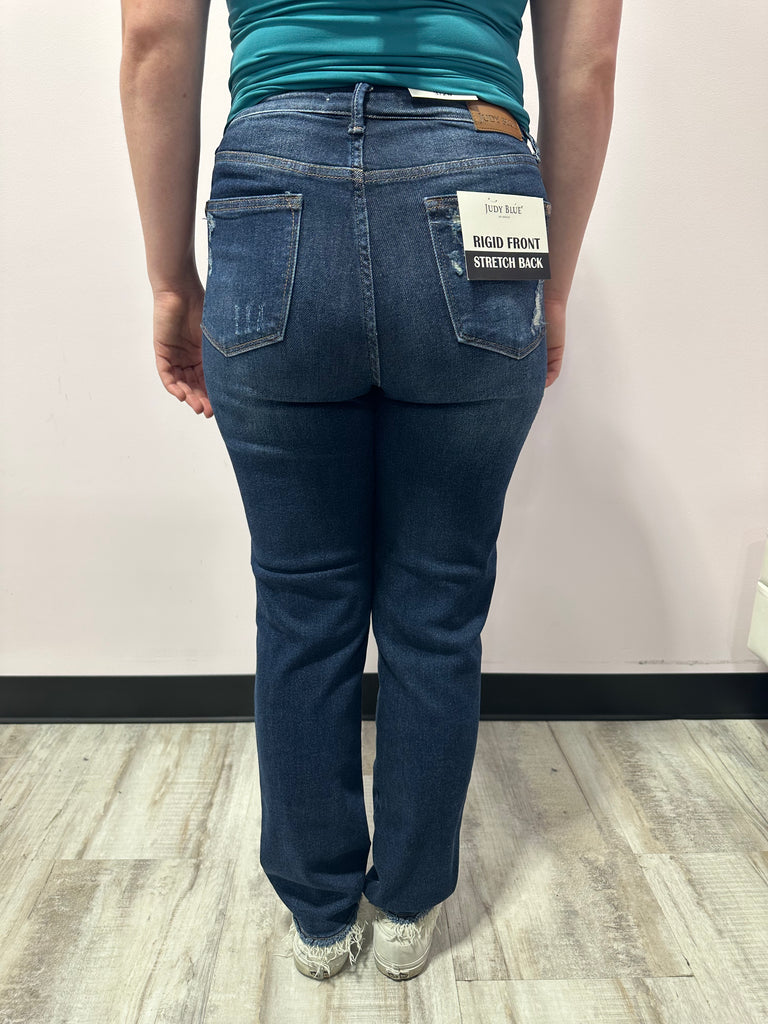 Judy Blue HW Rigid Magic Heavy Destroy Straight Leg Jeans-Denim- Judy Blue- Three Birdies Boutique, Women's Fashion Boutique Located in Kearney, MO