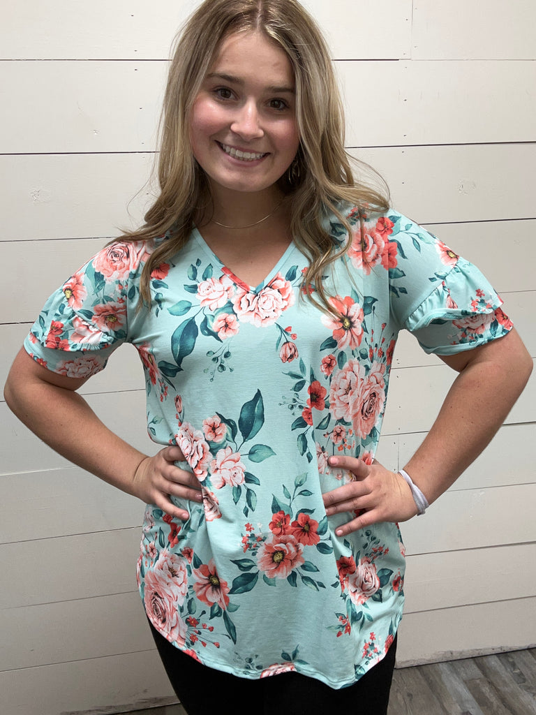 Mint & Coral Floral Top-Shirts & Tops-Heimish-Three Birdies Boutique, Women's Fashion Boutique Located in Kearney, MO