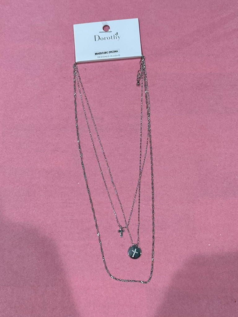 Silver Triple Layered Cross & Coin Necklace-Accessories-What's Hot-Three Birdies Boutique, Women's Fashion Boutique Located in Kearney, MO