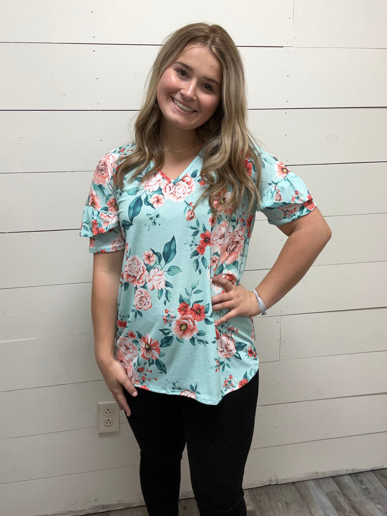 Mint & Coral Floral Top-Shirts & Tops-Heimish-Three Birdies Boutique, Women's Fashion Boutique Located in Kearney, MO