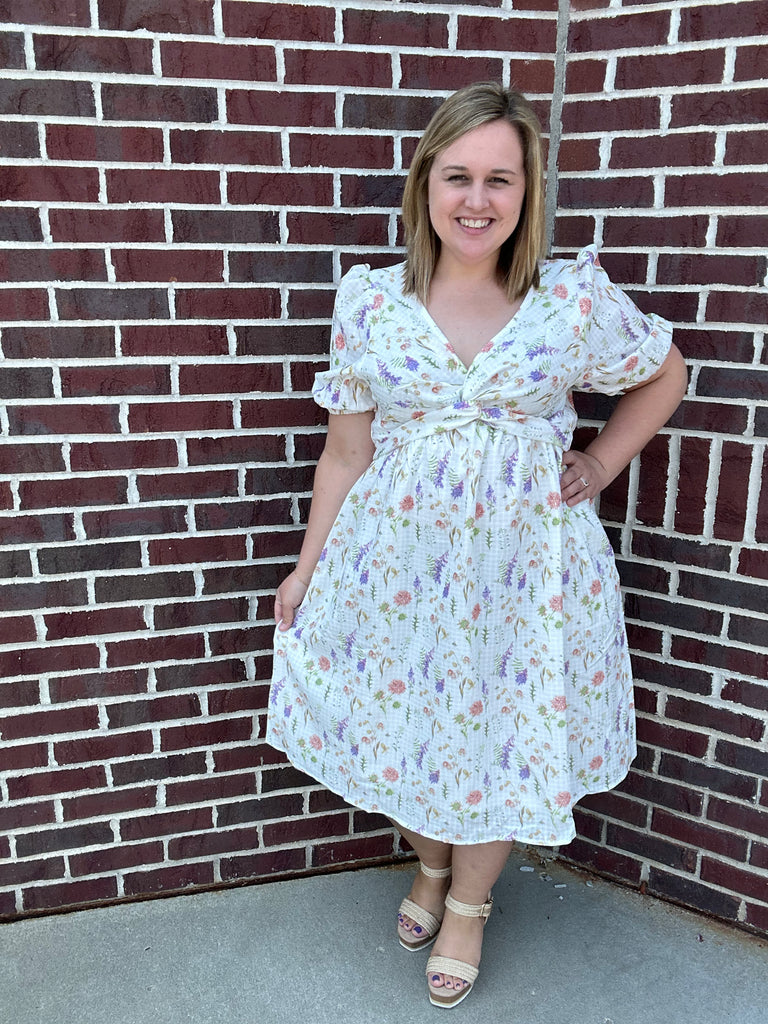 Ivory & Pastel Florals Dress-Dresses-Shopin LA-Three Birdies Boutique, Women's Fashion Boutique Located in Kearney, MO