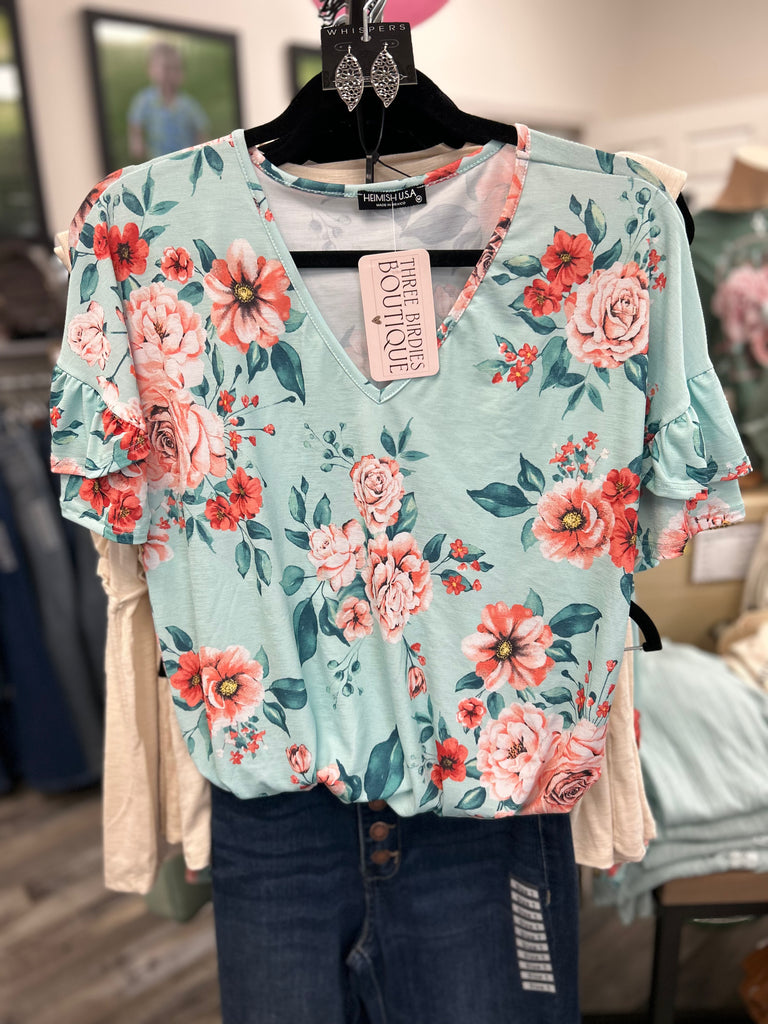 Mint & Coral Floral Top-Shirts & Tops-Heimish-Three Birdies Boutique, Women's Fashion Boutique Located in Kearney, MO