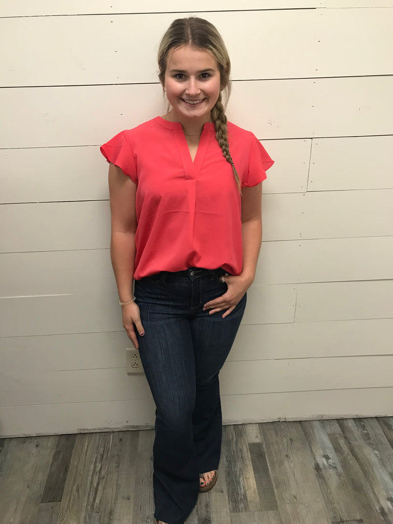 Coral Ruffle V-Neck Blouse-Shirts & Tops-Sew In Love-Three Birdies Boutique, Women's Fashion Boutique Located in Kearney, MO