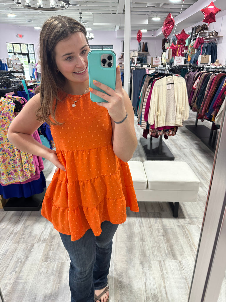 Orange Tiered Sleeveless Top-Tank Tops-Heimish-Three Birdies Boutique, Women's Fashion Boutique Located in Kearney, MO