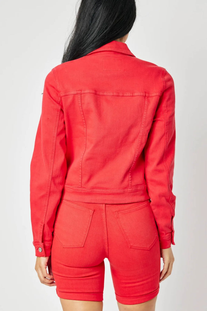 Judy Blue Garment Dyed Red Jacket-Denim Jacket-Judy Blue-Three Birdies Boutique, Women's Fashion Boutique Located in Kearney, MO