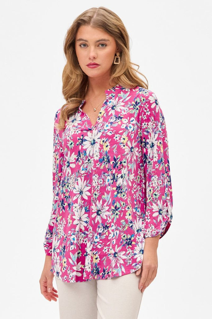 Lizzy Magenta Floral Top 3/4 Sleeve-Blouse-Dear Scarlett-Three Birdies Boutique, Women's Fashion Boutique Located in Kearney, MO