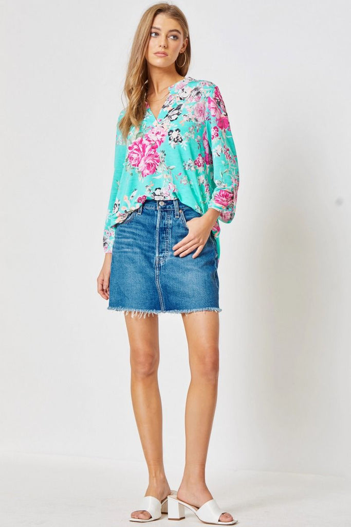 Lizzy Turquoise Floral Blouse-Blouse-Dear Scarlett-Three Birdies Boutique, Women's Fashion Boutique Located in Kearney, MO