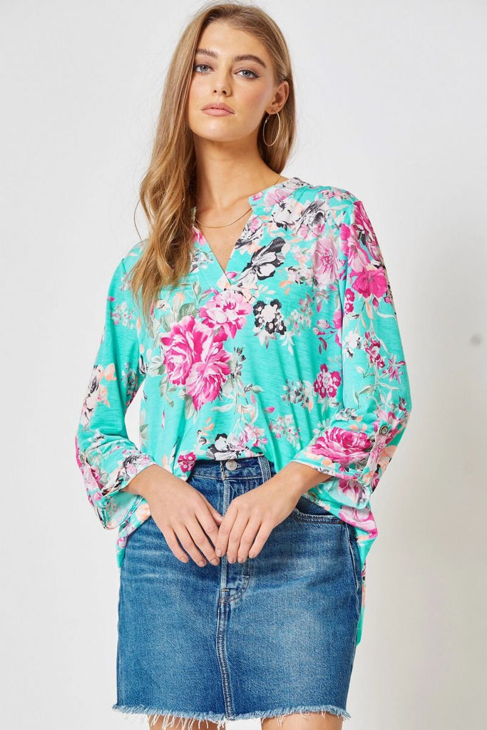 Lizzy Turquoise Floral Blouse-Blouse-Dear Scarlett-Three Birdies Boutique, Women's Fashion Boutique Located in Kearney, MO