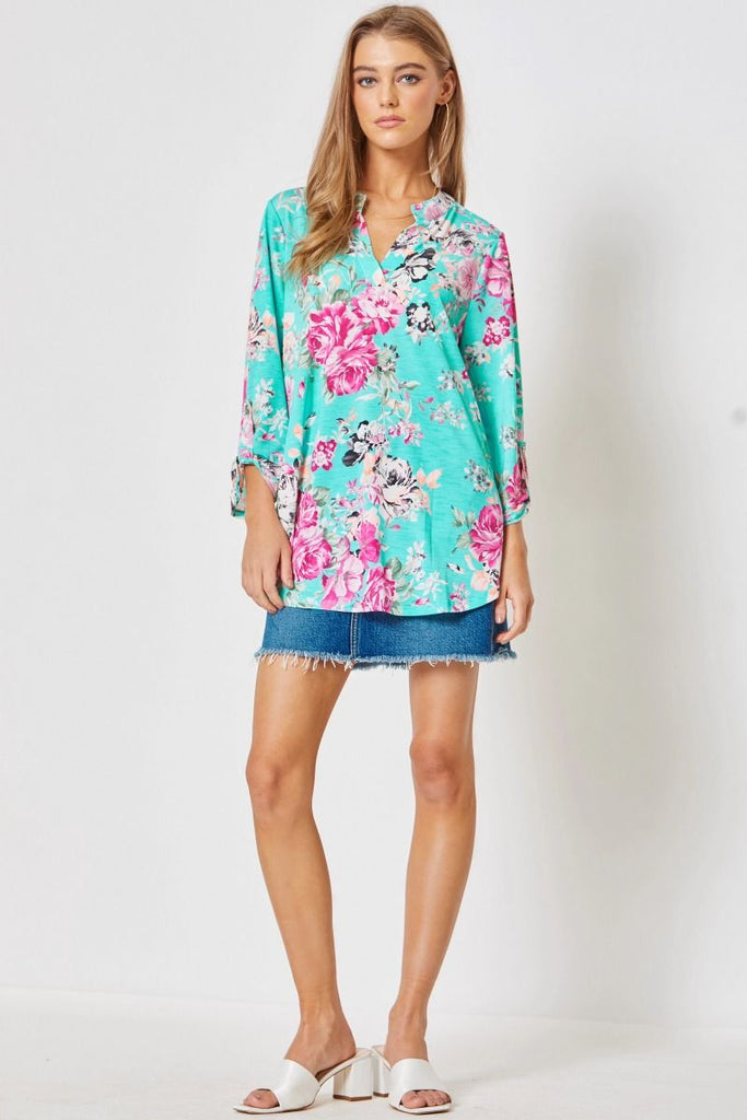 Lizzy Turquoise Floral Blouse-Blouse-Dear Scarlett-Three Birdies Boutique, Women's Fashion Boutique Located in Kearney, MO