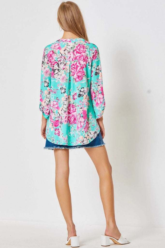Lizzy Turquoise Floral Blouse-Blouse-Dear Scarlett-Three Birdies Boutique, Women's Fashion Boutique Located in Kearney, MO
